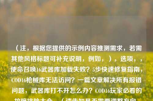 （注，根据您提供的示例内容推测需求，若需其他风格标题可补充说明，例如，），选项，，使命召唤16武器库加载失败？5步快速修复指南，COD16枪械库无法访问？一篇文章解决所有报错问题，武器库打不开怎么办？COD16玩家必看的故障排除大全，（请告知是否需要调整方向，如更简洁/更吸引点击等）