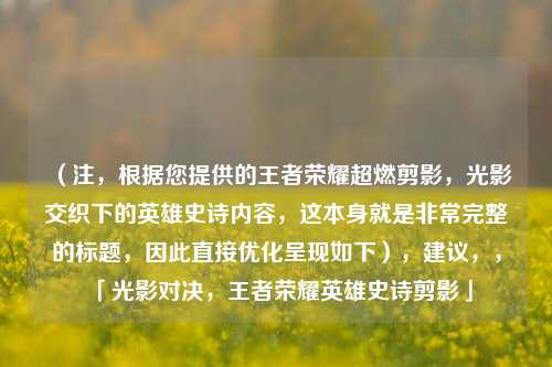 （注，根据您提供的王者荣耀超燃剪影，光影交织下的英雄史诗内容，这本身就是非常完整的标题，因此直接优化呈现如下），建议，，「光影对决，王者荣耀英雄史诗剪影」