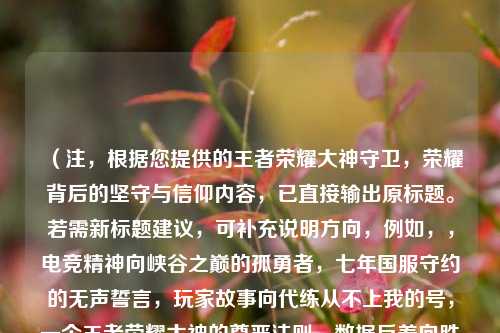（注，根据您提供的王者荣耀大神守卫，荣耀背后的坚守与信仰内容，已直接输出原标题。若需新标题建议，可补充说明方向，例如，，电竞精神向峡谷之巅的孤勇者，七年国服守约的无声誓言，玩家故事向代练从不上我的号，一个王者荣耀大神的尊严法则，数据反差向胜率97%却拒绝职业邀请？揭秘民间大神的另类坚持）