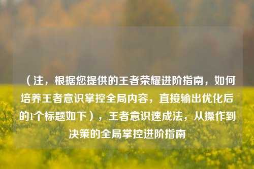 （注，根据您提供的王者荣耀进阶指南，如何培养王者意识掌控全局内容，直接输出优化后的1个标题如下），王者意识速成法，从操作到决策的全局掌控进阶指南