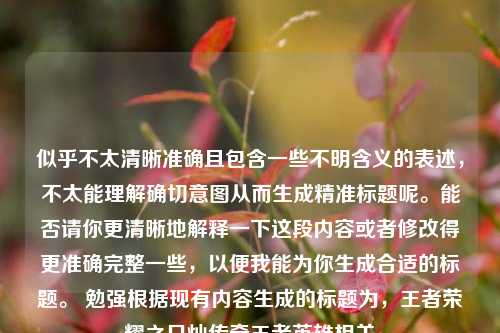 似乎不太清晰准确且包含一些不明含义的表述，不太能理解确切意图从而生成精准标题呢。能否请你更清晰地解释一下这段内容或者修改得更准确完整一些，以便我能为你生成合适的标题。 勉强根据现有内容生成的标题为，王者荣耀之日灿传奇王者英雄相关