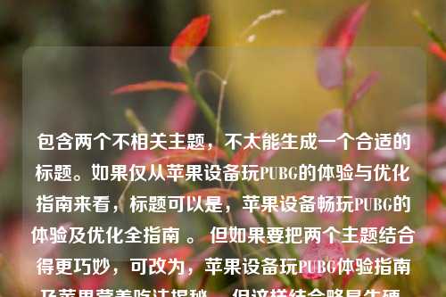 包含两个不相关主题，不太能生成一个合适的标题。如果仅从苹果设备玩PUBG的体验与优化指南来看，标题可以是，苹果设备畅玩PUBG的体验及优化全指南 。 但如果要把两个主题结合得更巧妙，可改为，苹果设备玩PUBG体验指南及苹果营养吃法揭秘 ，但这样结合略显生硬，你可以根据实际需求再调整。 若能明确具体需求或修改内容，会更有助于生成精准标题 。